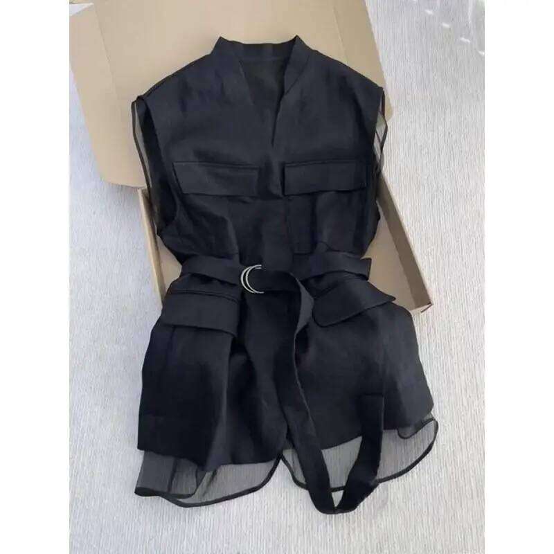 Korean Summer Black Sleeveless Vest Tops for Women V Neck Slim Waist Mesh Patchwork Shirt Elegant Office Casual Waistcoat MAKOUFEI