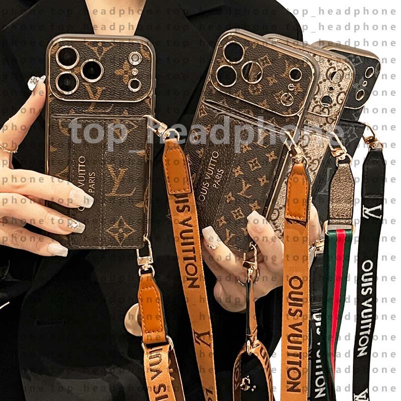 Designer Iphone case 17pro Max Luxury Crossbody Shoulder Strap Lanyard Phone Case 16 15 14 13 Mobile Cover Fashion Wallet Purse Card Holder Case Samsung S26 Ultra S25