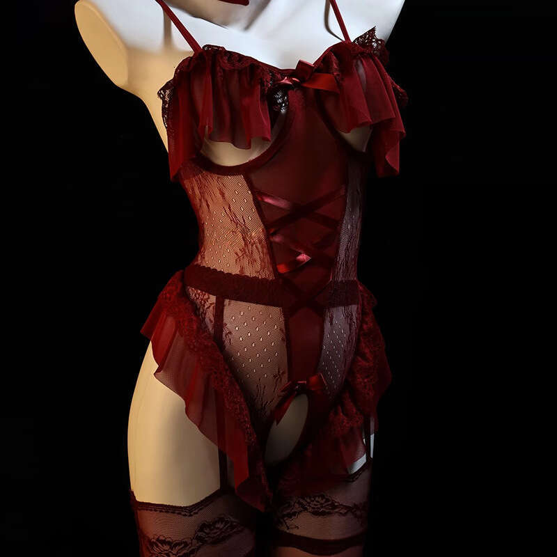 Wine Red Bunny Girl Lingerie Set, Lace and Velvet Teddy Bodysuit with Bow and Strappy Cut-out, Includes Bunny Ears Choker and Thigh-High Stockings