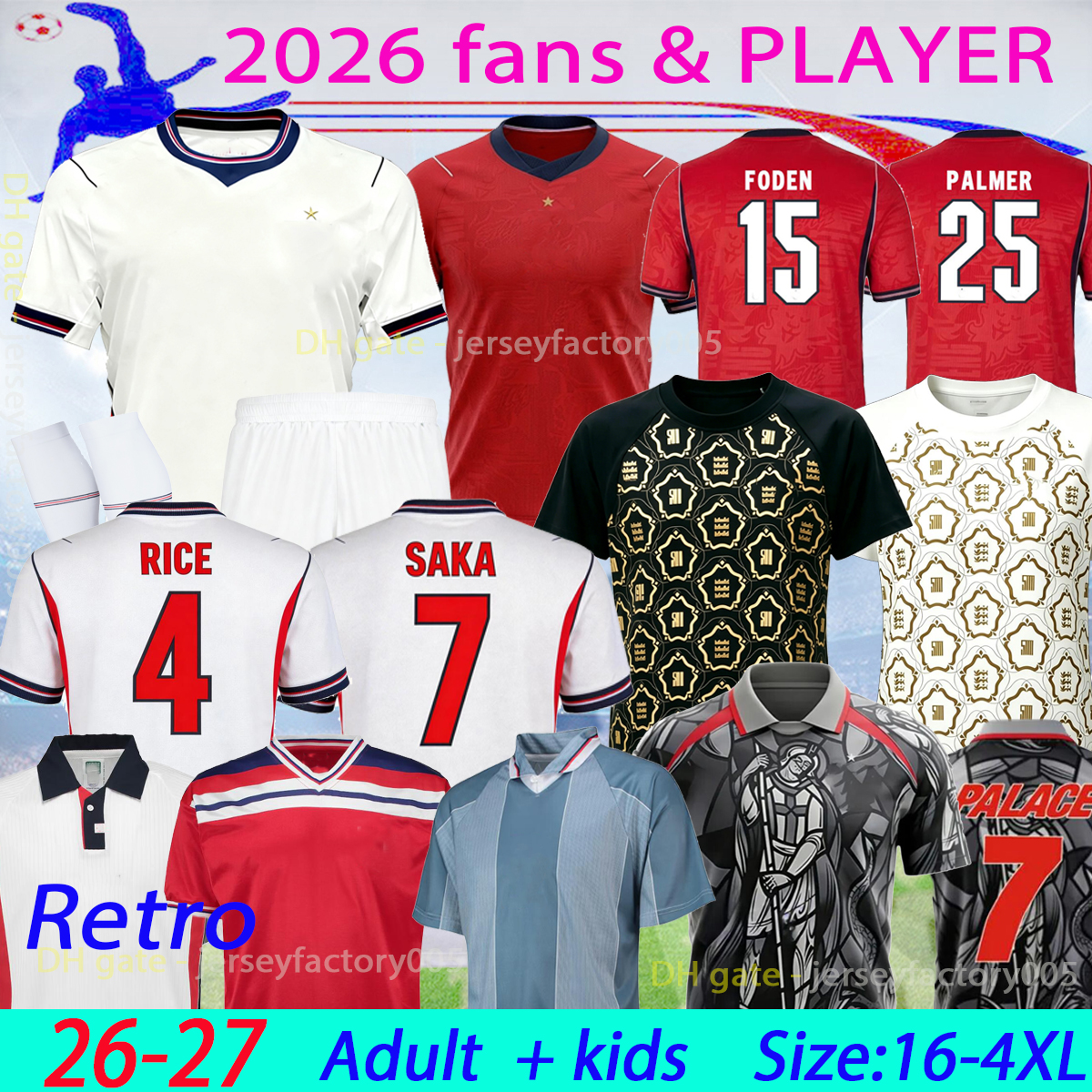 16-4XL KANE soccer jerseys 2026 EngLand Retro shirt saka MAINOO BELLINGHAM men women RASHFORD RICE FODEN GORDON PALMER 26 27 Polyester breathable football kids kit