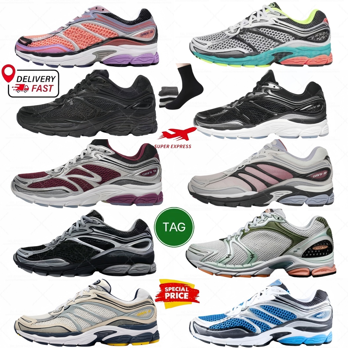 Designer Progrid sauconny Omni 9 Outdoor Running Outdoor Shoes Shock Absorption Wear Resistant Thick Sole Black White Navy Green Blue Silver Pink Sneakers 36-46