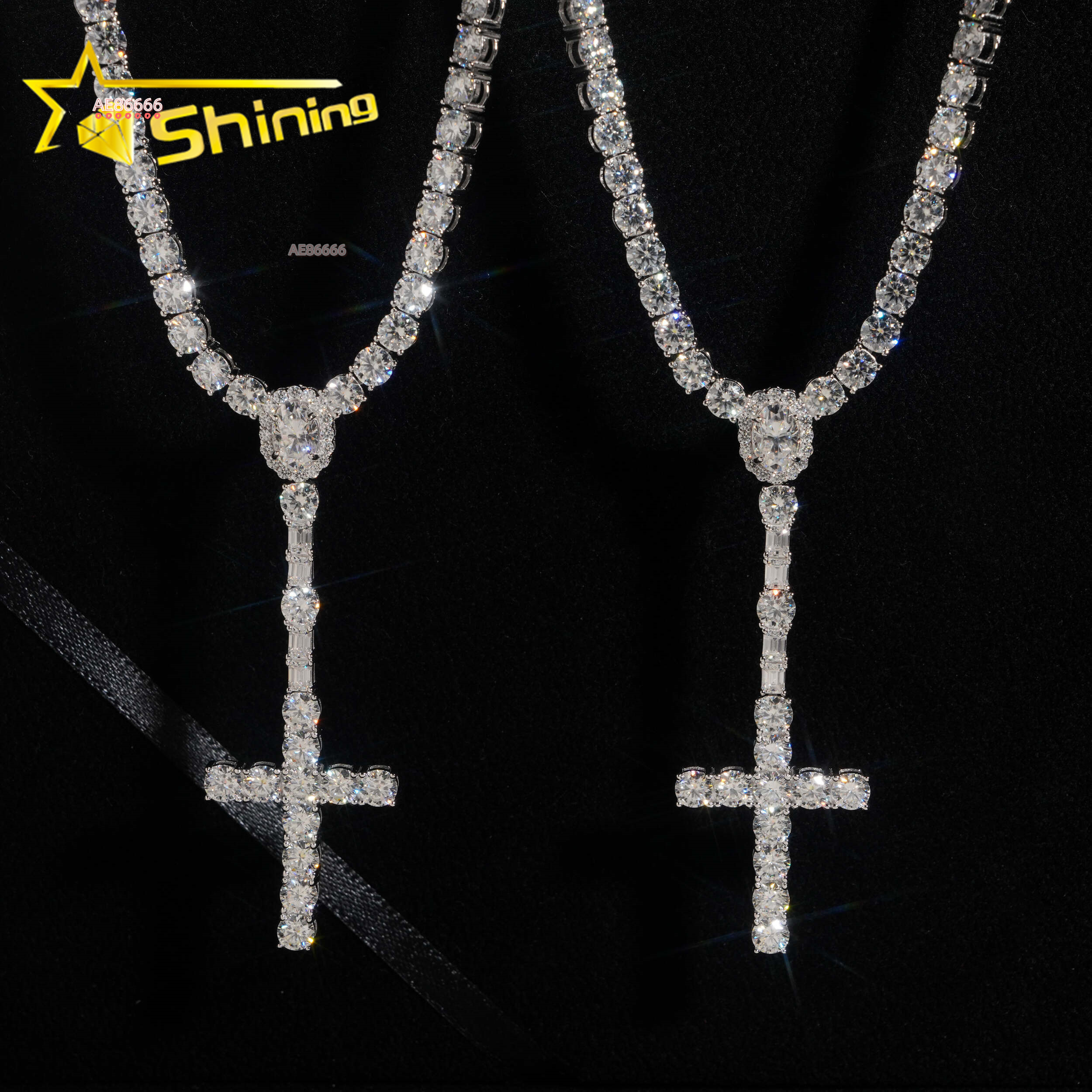 New Design 925 Sterling Silver Cross Style Moissanite Pendant Necklace Hip Hop Jewelry Moissanite Necklace Tennis for Men past test