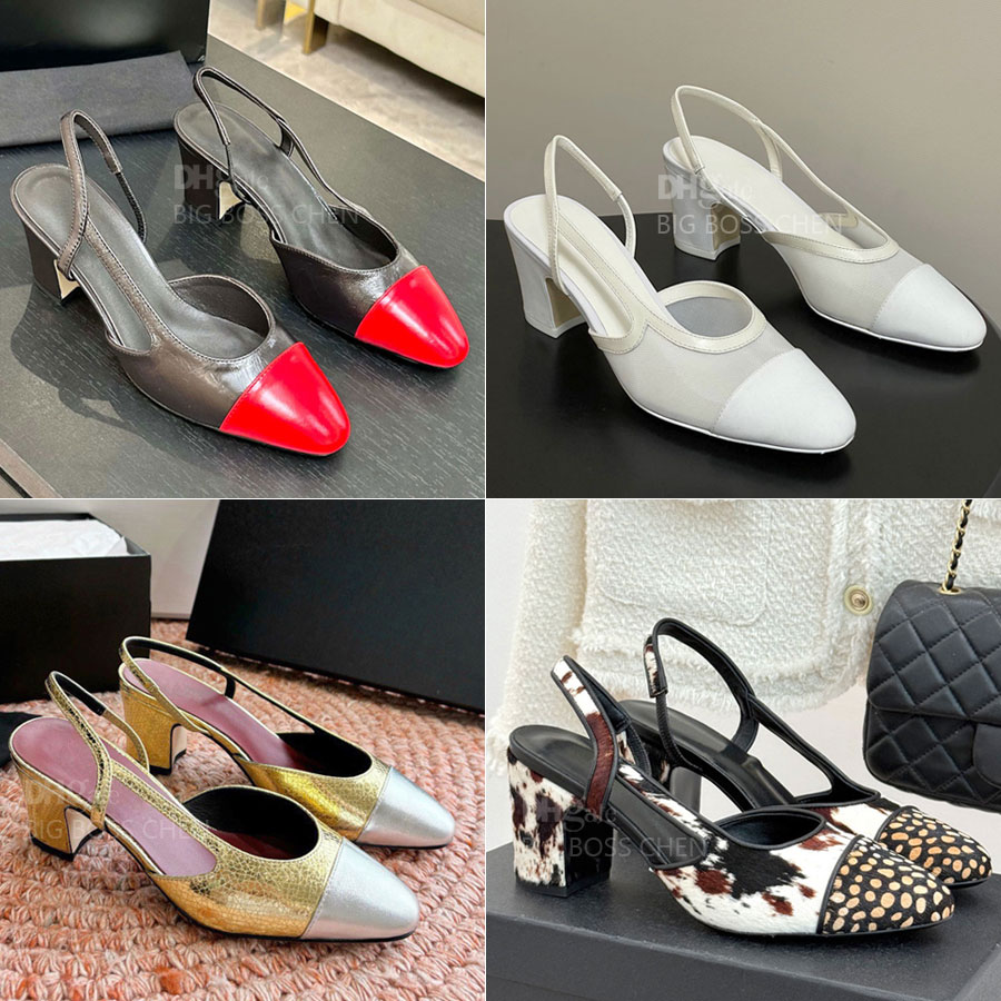 top Quality Classic leather Kitten heels Slingback thick Sandals pumps 6.5cm Chunky block heels Dress shoes Women's luxury designers Sandals womens Wedding With box