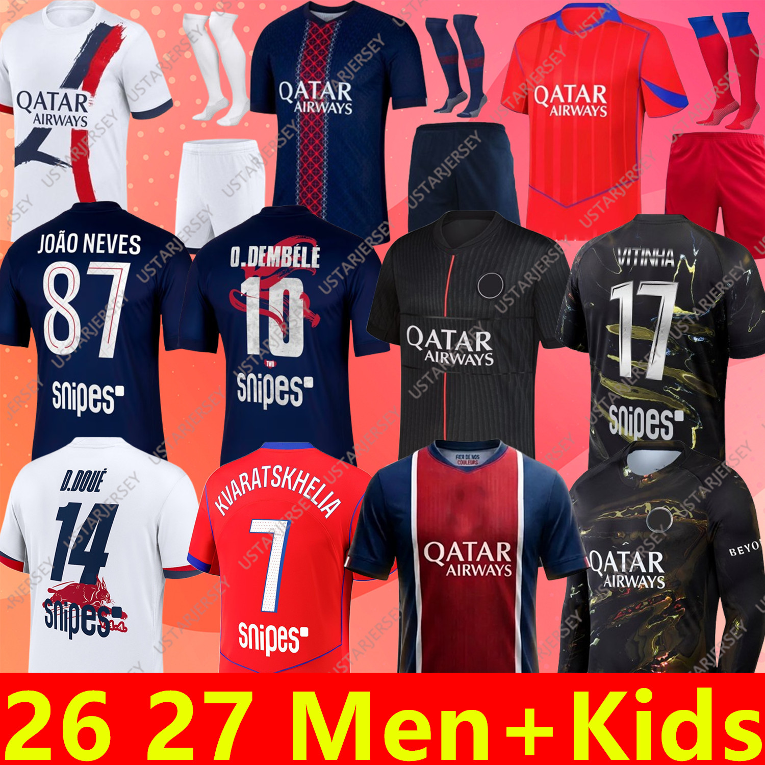 2026 2027 maillots de foot Kvaratskhelia soccer jerseys 4th JOAO NEVES HAKIMI football shirts 26 27 hommes BARCOLA Zaire-Emery O.Dembele D.DOUE PARIS Fourth PSGES KIDS