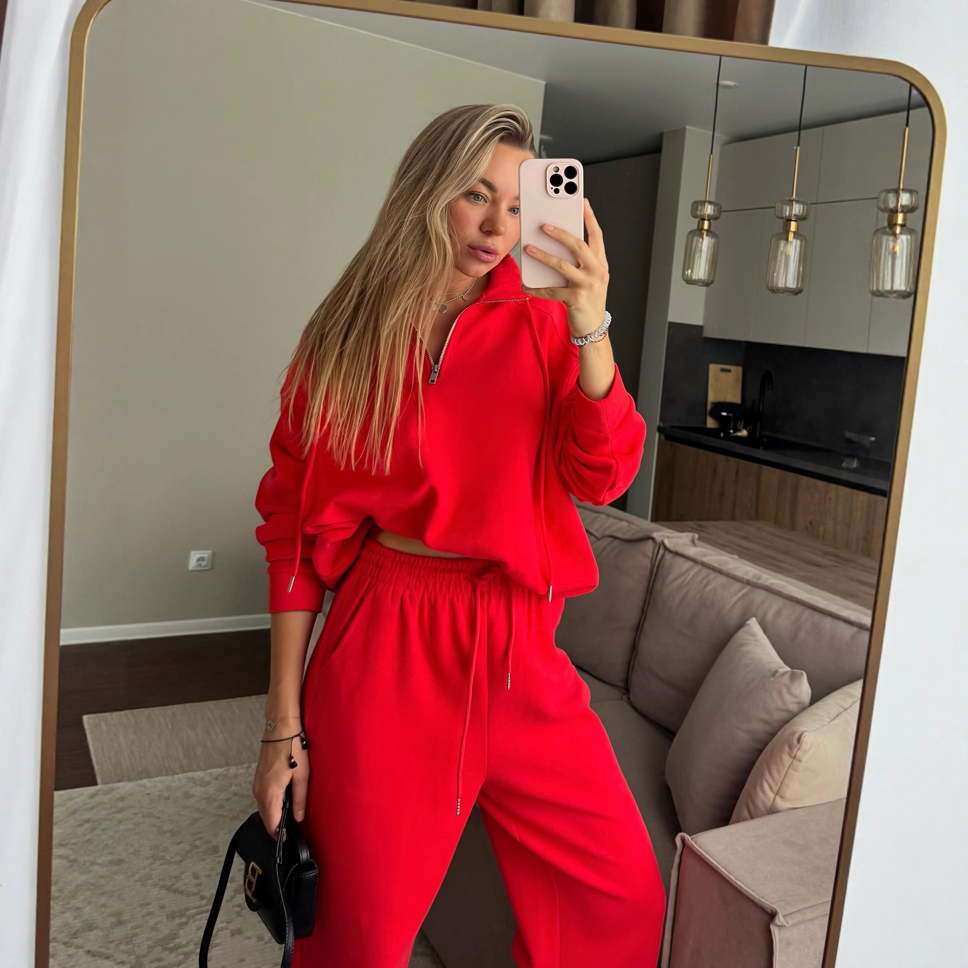 2026 New Luxury Brand Retro Fashion Women's Set Winter Designer Luxury Brand Loose Solid Color Polo Neck Sweatshirt And Wide Leg Pants Two Piece 