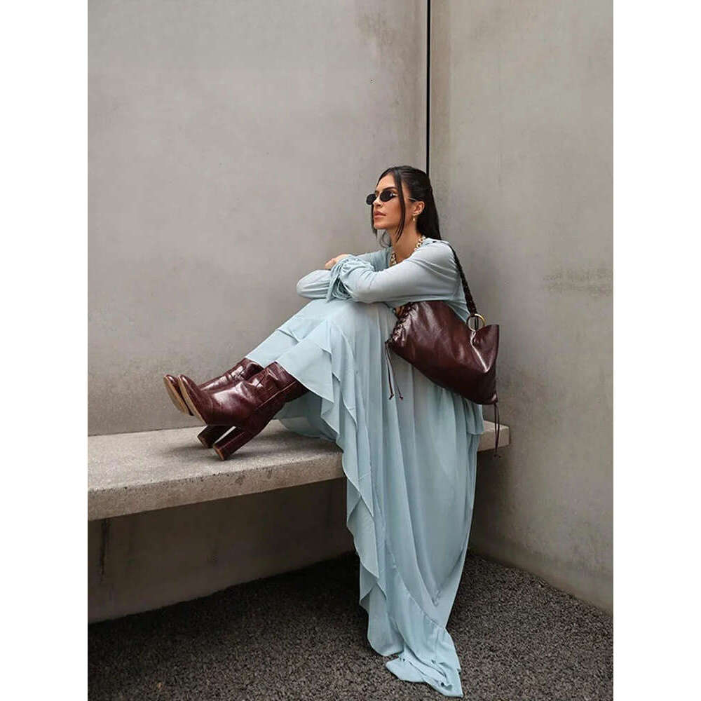 Fashion Women Ruffle Shirts Skirts Set Elegant Long Sleeve V Neck Shirt Pleated Empire Skirt Summer Vacation Lady Suit MAKOUFEI