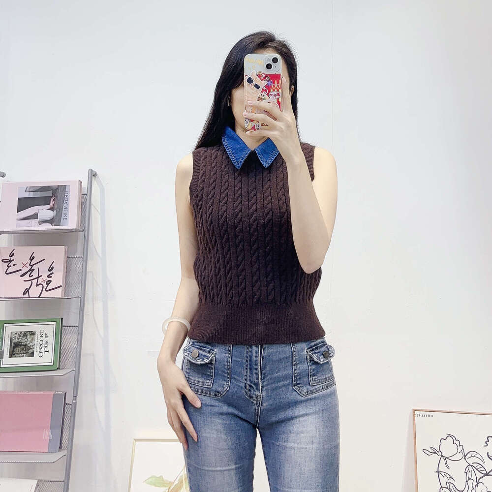 k30 Designer French light luxury women's retro denim lapel knitted vest slim fit sleeveless pullover top