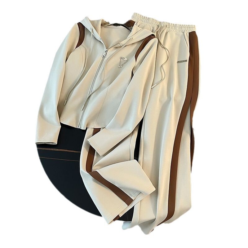 2026 New Designer Luxury Brand European Casual Sports Suit Autumn New Slim Fit Color Blocked Hooded Sweatshirt And Wide Leg Pants Two-piece Set For Wo