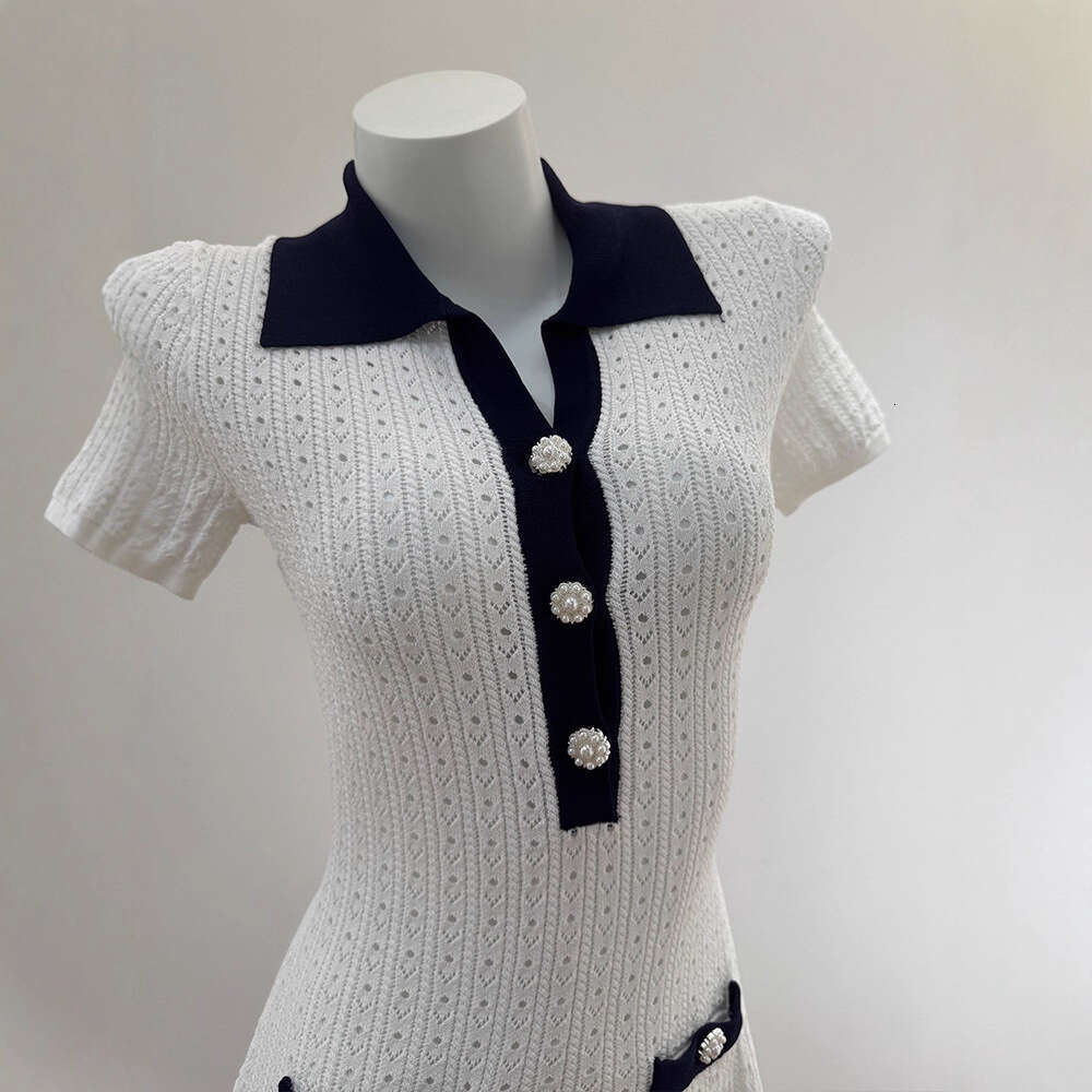 2026 Autumn New k30 Designer Light Purple Pure White Collar Hollow Fashion Women's Knitted Dress