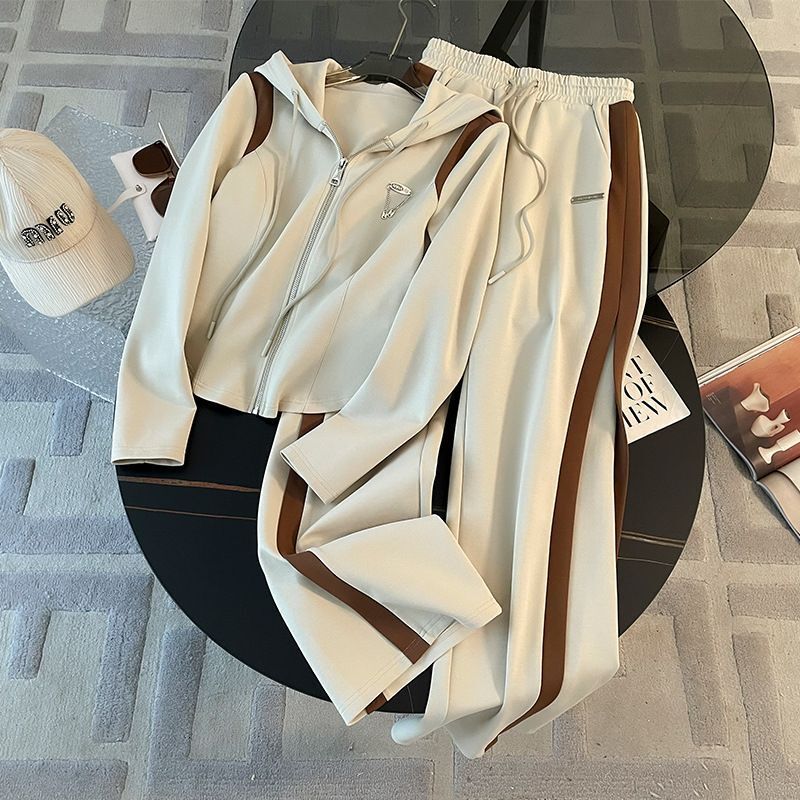 2026 New Designer Luxury Brand European Casual Sports Suit Autumn New Slim Fit Color Blocked Hooded Sweatshirt And Wide Leg Pants Two-piece Set For Wo