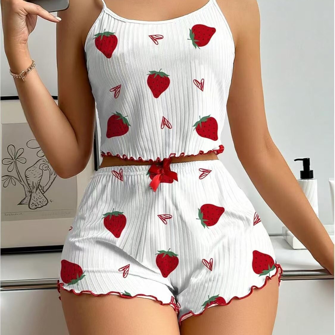 Luxury Brand Designer Women's Pajamas Cami Tank Top Shorts Set Strawberry Print Ruffle Edge Loungewear Home Wear Sleepwear Streetwear