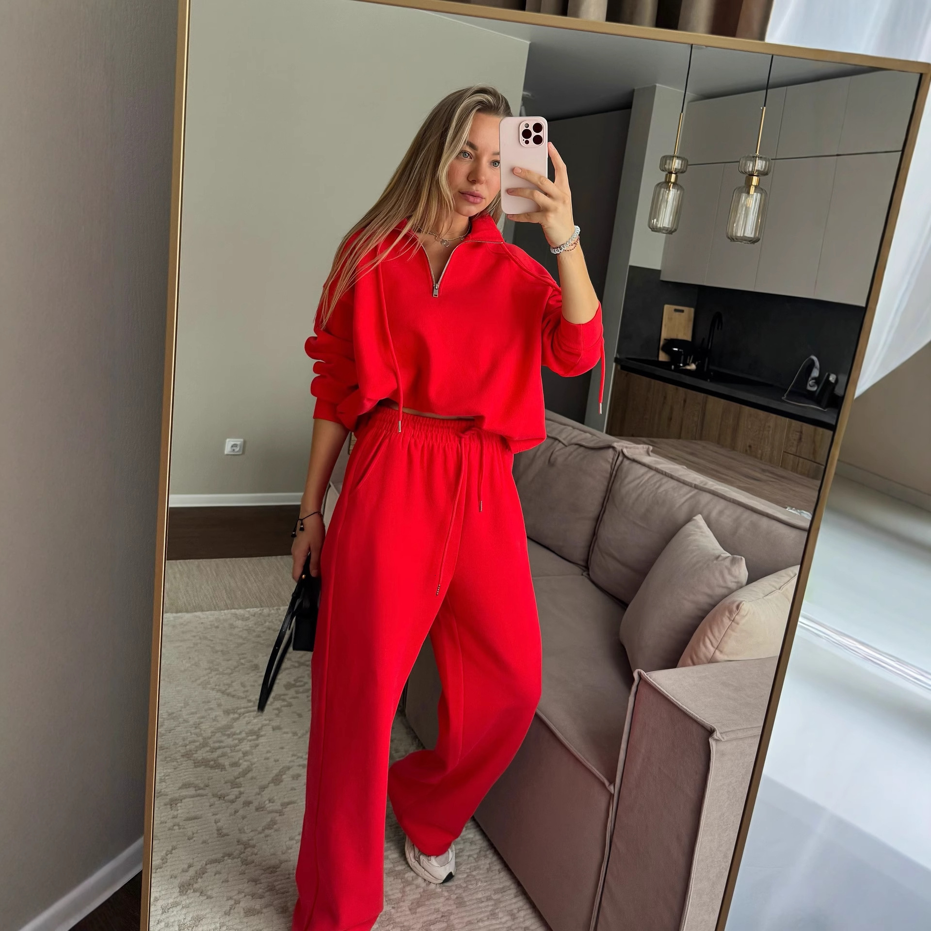 2026 New Luxury Brand Retro Fashion Women's Set Winter Designer Luxury Brand Loose Solid Color Polo Neck Sweatshirt And Wide Leg Pants Two Piece 