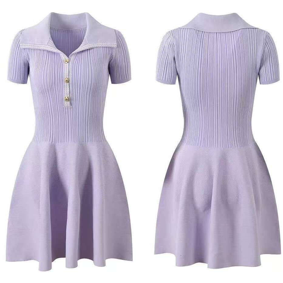 2026 summer k30 new designer light purple lapel elegant short sleeved knitted dress A-line fluffy skirt