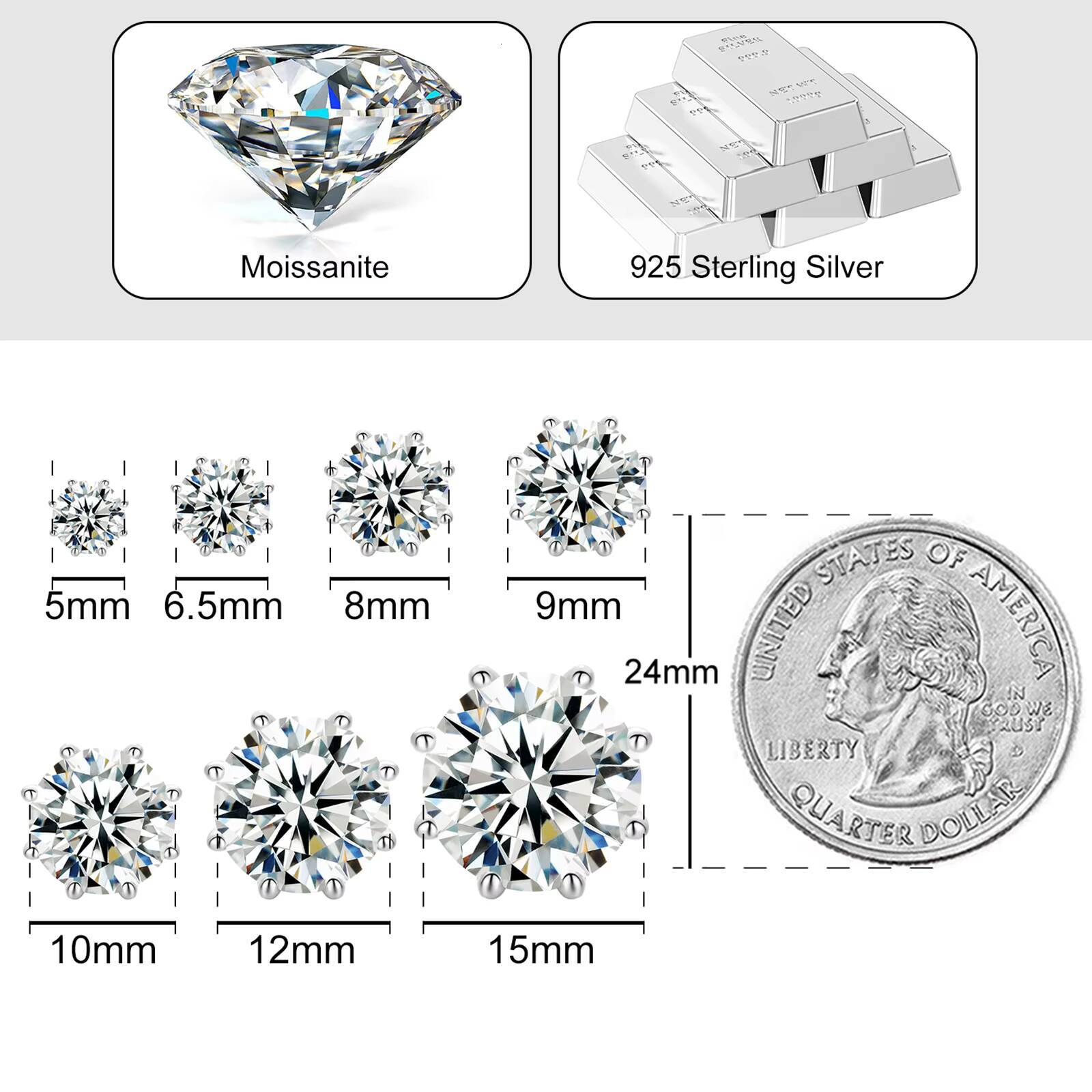 Pass Diamond Tester VVS Moissanite Stud Earrings 8 Prong 925 Sterling Silver Lab Moissanite Big Ear Stud Jewelry Men Women