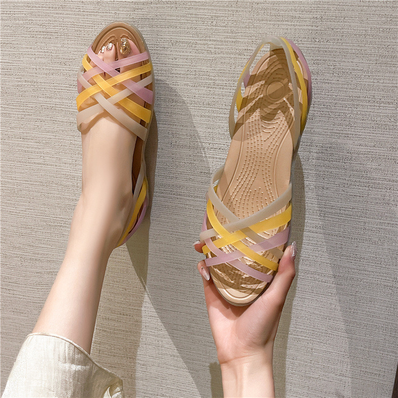 Summer New Flat Hole Shoes Female Beach Jelly Students Simple Rainbow Plastic Sandals ddmymonkey