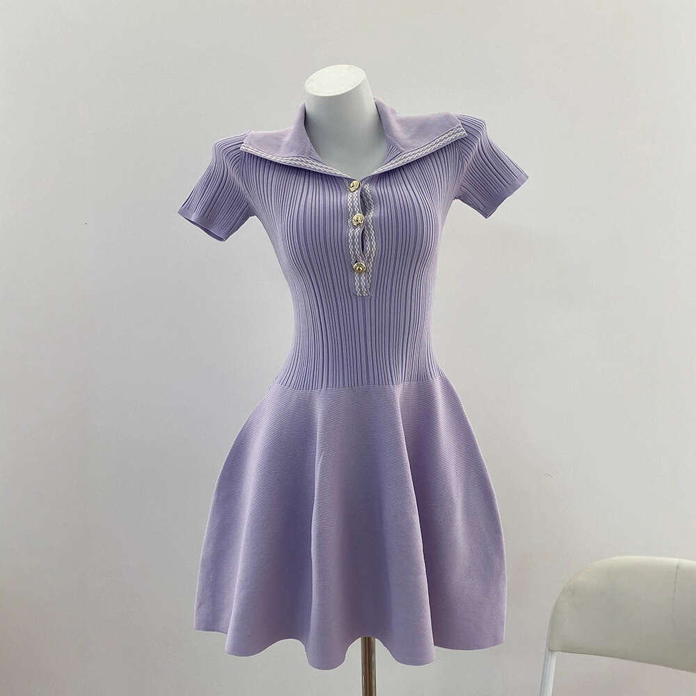 2026 summer k30 new designer light purple lapel elegant short sleeved knitted dress A-line fluffy skirt