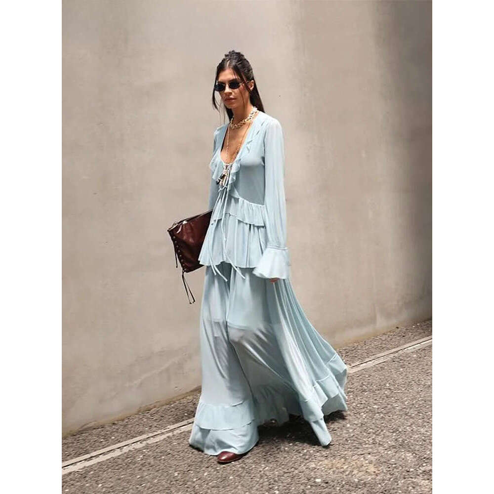 Fashion Women Ruffle Shirts Skirts Set Elegant Long Sleeve V Neck Shirt Pleated Empire Skirt Summer Vacation Lady Suit MAKOUFEI