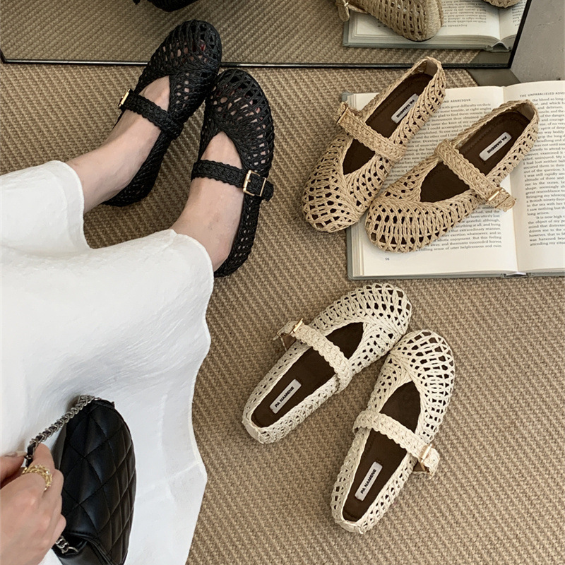 2026 Summer New Flat Mesh Ballet Flats Shallow Buckle Hollow Mary Jane Shoes Soft Woven Sandals ddmysaturn