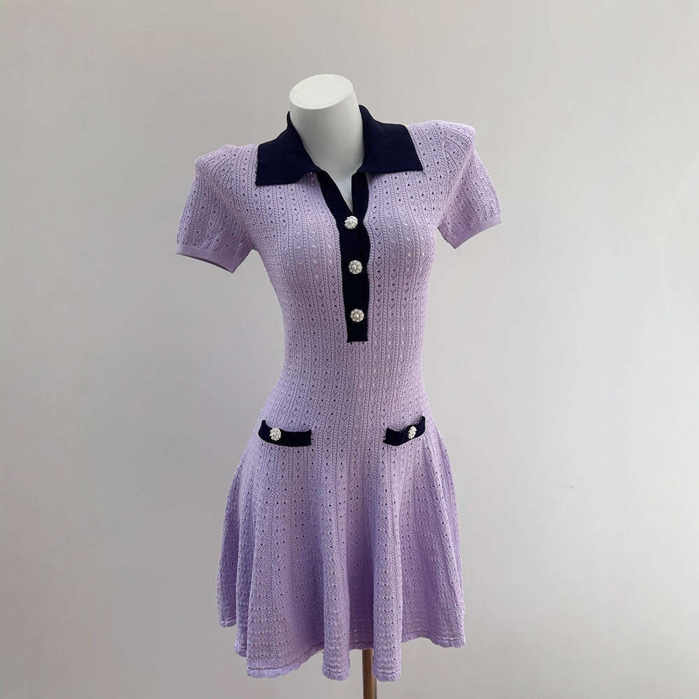 2026 Autumn New k30 Designer Light Purple Pure White Collar Hollow Fashion Women's Knitted Dress