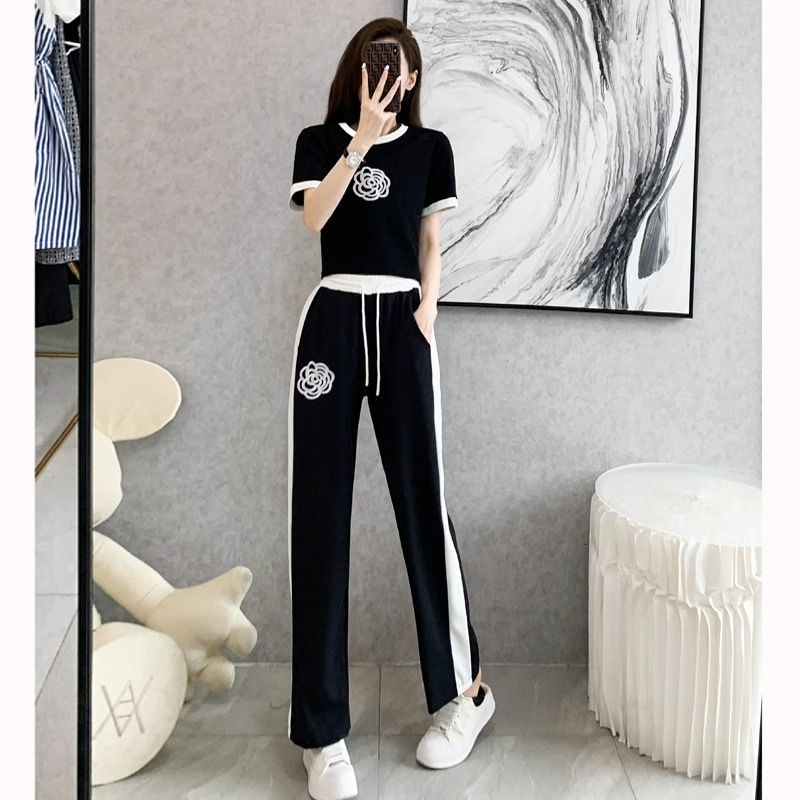 2026 Summer New Designer Luxury Brand Casual Loose Breathable Women's Fashion Set Young Fashion Slim Short T-shirt And Wide Leg Pants Two Piece S