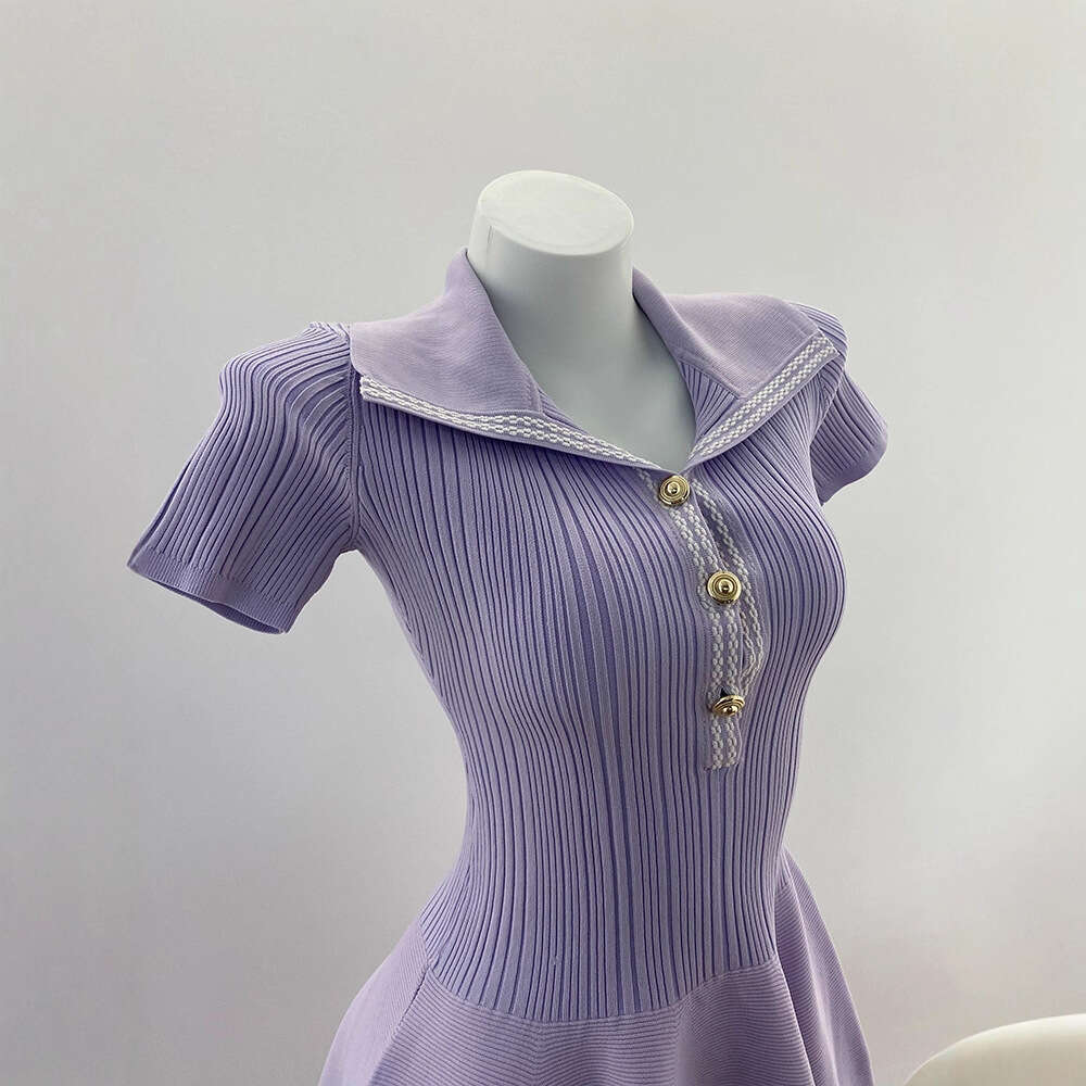 2026 summer k30 new designer light purple lapel elegant short sleeved knitted dress A-line fluffy skirt