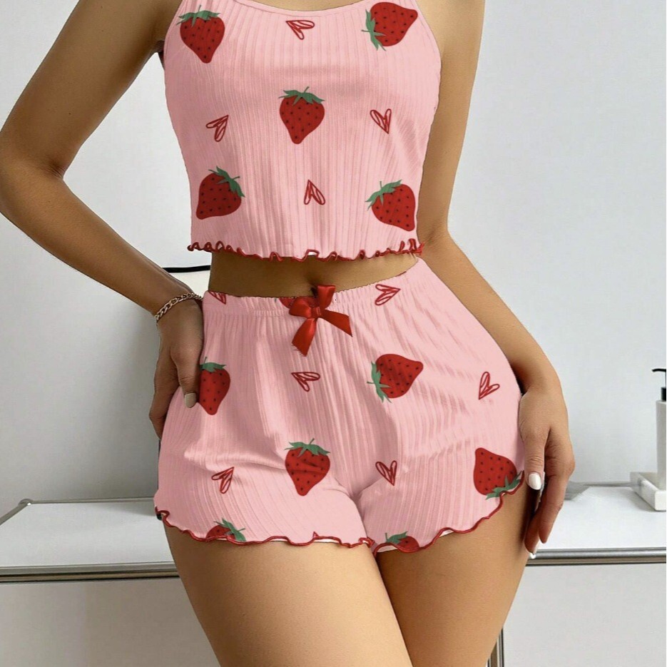 Luxury Brand Designer Women's Pajamas Cami Tank Top Shorts Set Strawberry Print Ruffle Edge Loungewear Home Wear Sleepwear Streetwear