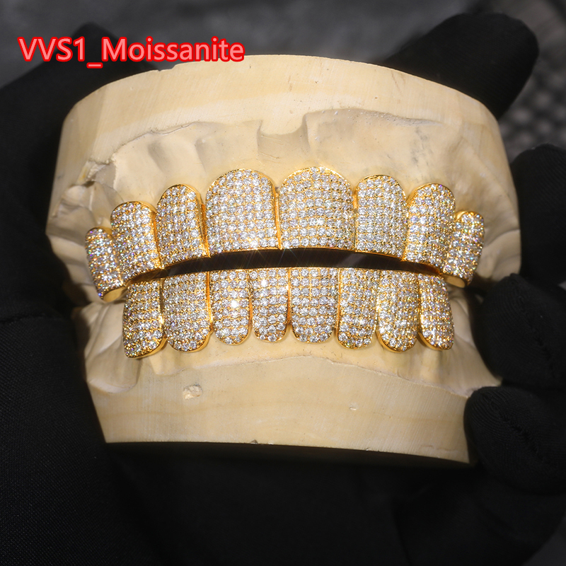 Custom Personalized VVS Moissanite Diamond Dental Grills Mens Hip Hop Jewelry 925 Sterling Silver Iced Out Grillz for Teeth