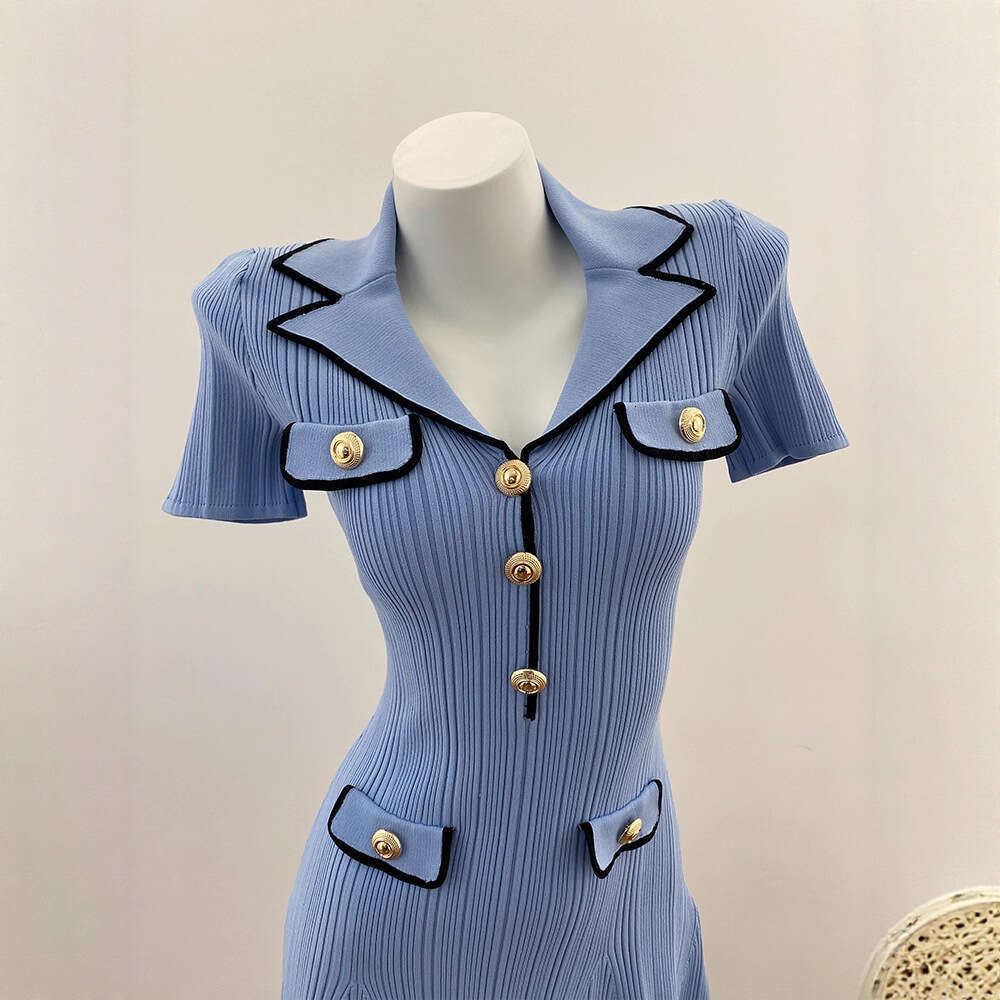 2026 Spring Designer k30 Exquisite Misty Blue Commuting Elegant Slimming Long Sleeve Knitted Ice Silk Dress