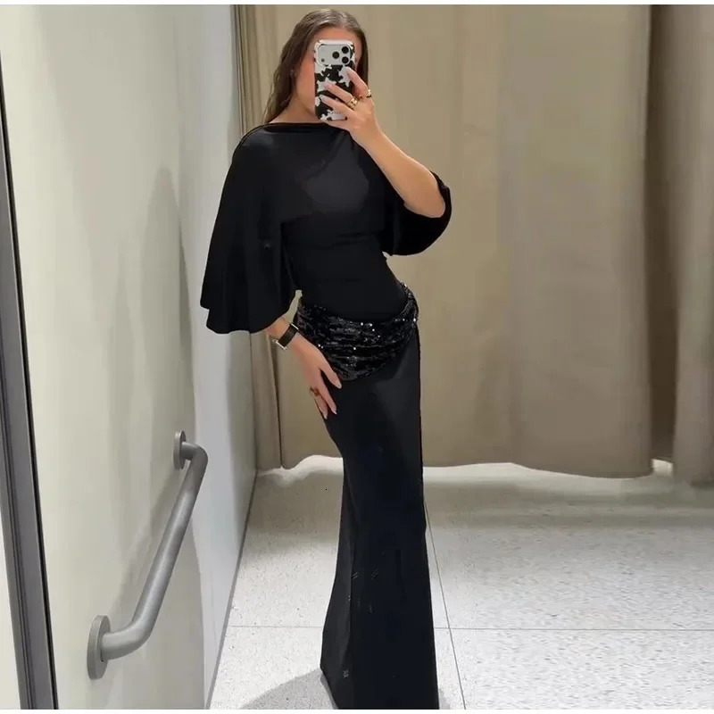 Women Backless Sequin Patchwork Maxi Dress Elegant Wide Sleeve Long Gowns Feminine Fashion Evening Party Daily Robes 260410
