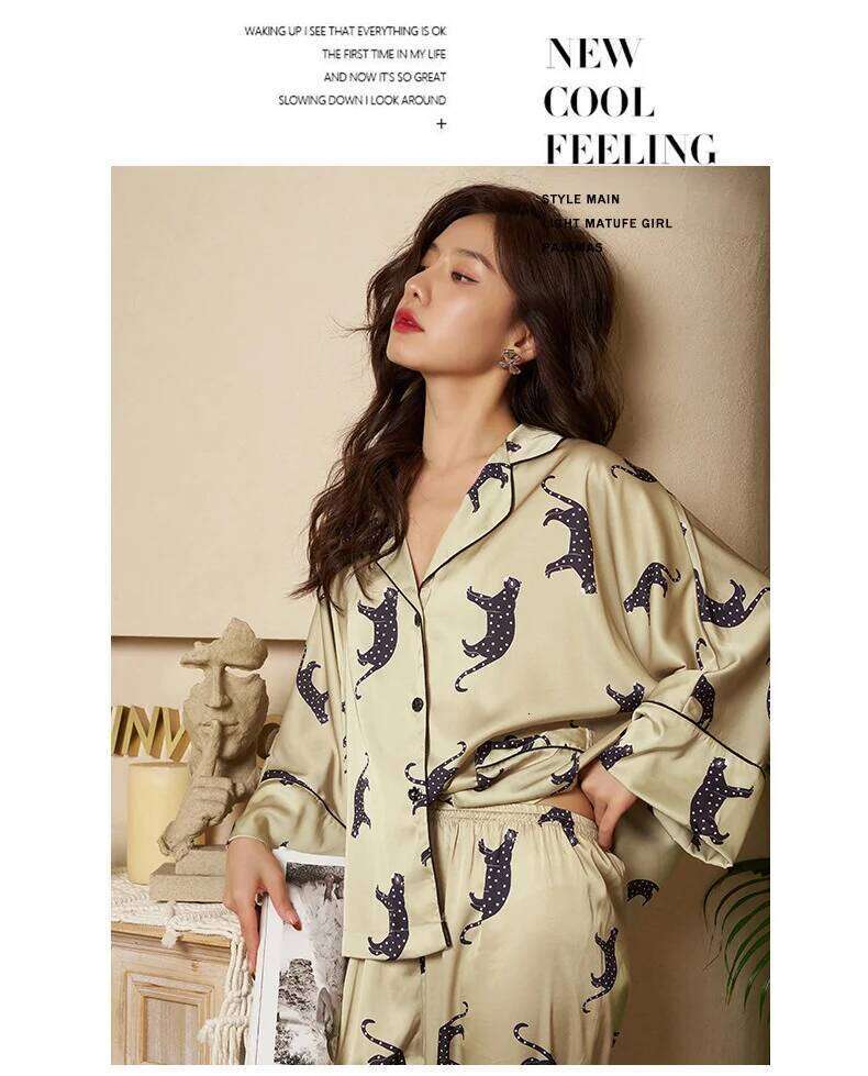 2026 New Arrival Women Fashion Leopard Bat Sleeve Ice Silk Pajamas Simple Casual Loose Thin Satin Sleepwear Night Suit MAKOUFEI