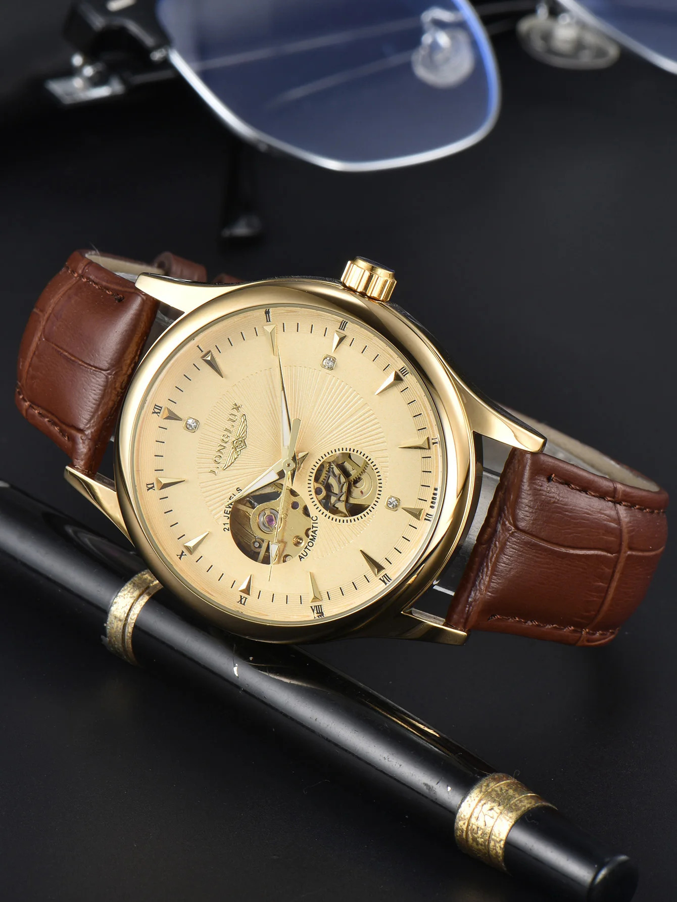 LONGLUX automatic watch elegant style wholesale mechanical wristwatches skeleton rome waterproof mens watch men gift 260409