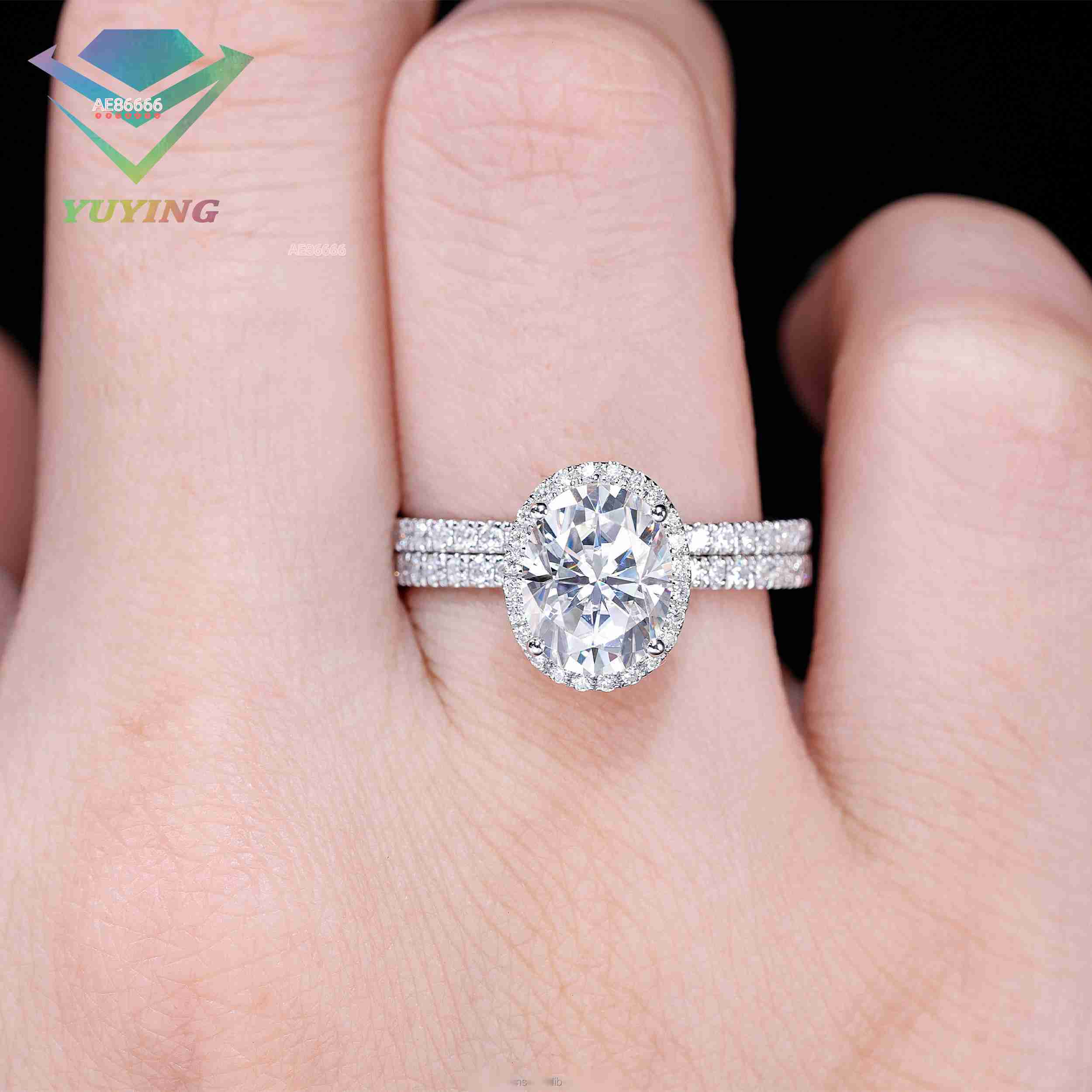 Halo Style White 14K Gold 2ct Oval Brilliant Mossanite Diamond Wedding Ring with Pave Band Couple Rings Jewelry Set