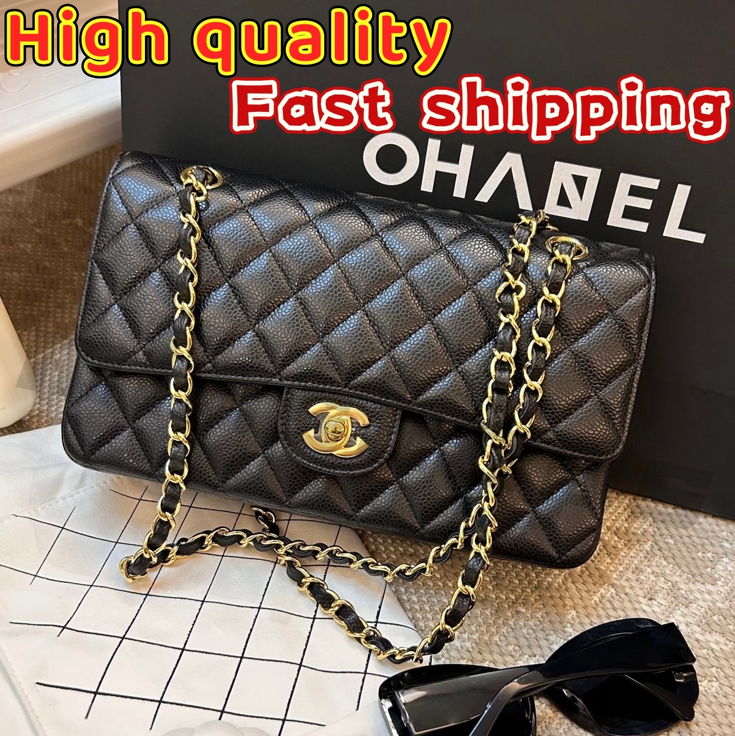 Designer Bag Luxury Bag Shoulder Bag Caviar Designer Handbag with Box Fashion Bag Evening Bag Metallic Leather Chain Square Lattice Sheepskin Wallet 10A dhgate bags
