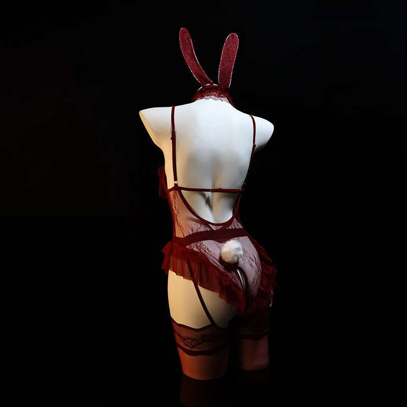 Wine Red Bunny Girl Lingerie Set, Lace and Velvet Teddy Bodysuit with Bow and Strappy Cut-out, Includes Bunny Ears Choker and Thigh-High Stockings