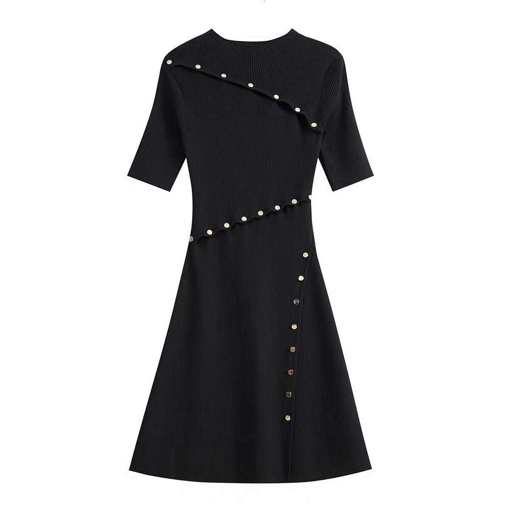 2026 autumn new designer k30 French elegant black ribbed button slim fit women's knitted dress