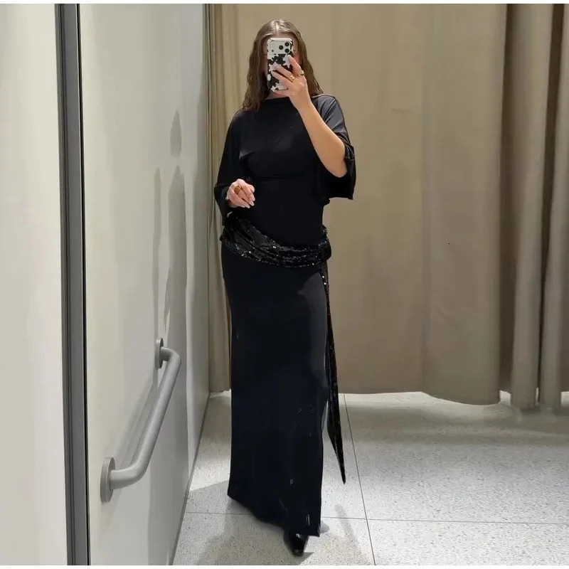 Women Backless Sequin Patchwork Maxi Dress Elegant Wide Sleeve Long Gowns Feminine Fashion Evening Party Daily Robes 260410