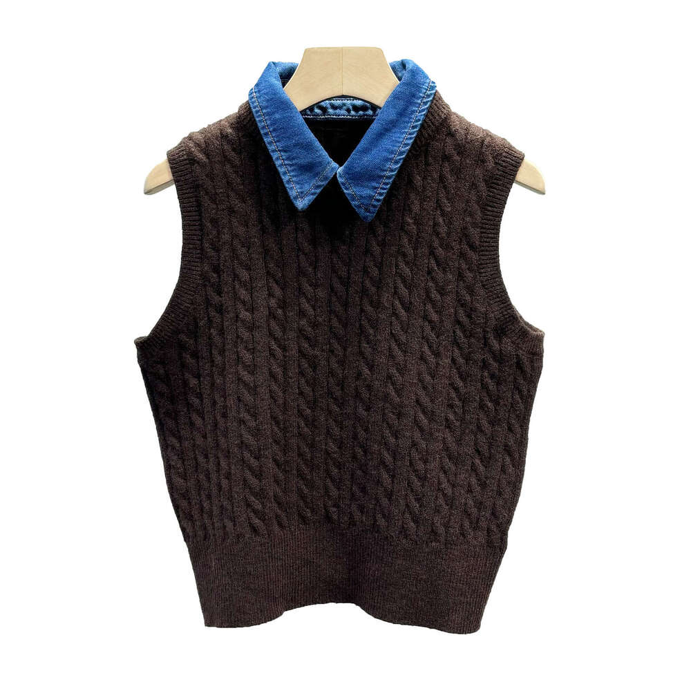 k30 Designer French light luxury women's retro denim lapel knitted vest slim fit sleeveless pullover top