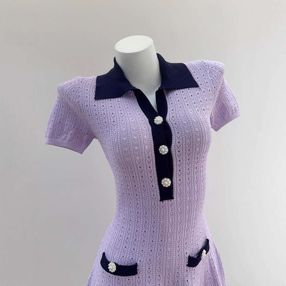 2026 Autumn New k30 Designer Light Purple Pure White Collar Hollow Fashion Women's Knitted Dress