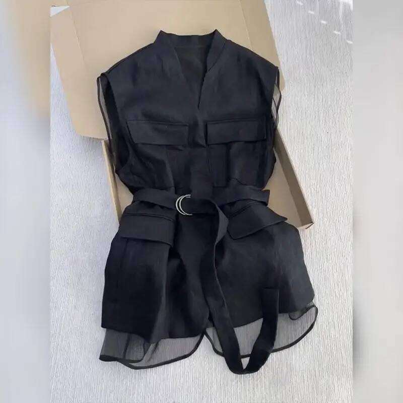 Korean Summer Black Sleeveless Vest Tops for Women V Neck Slim Waist Mesh Patchwork Shirt Elegant Office Casual Waistcoat MAKOUFEI