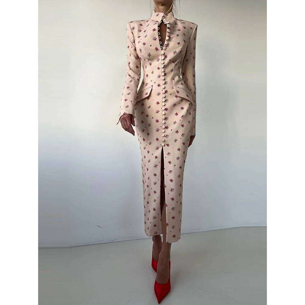 Elegant Women s Floral Print Blazer Dress Single Breasted Slit Maxi Dresses Bodycon Party Evening Formal Gown New Outfit MAKOUFEI