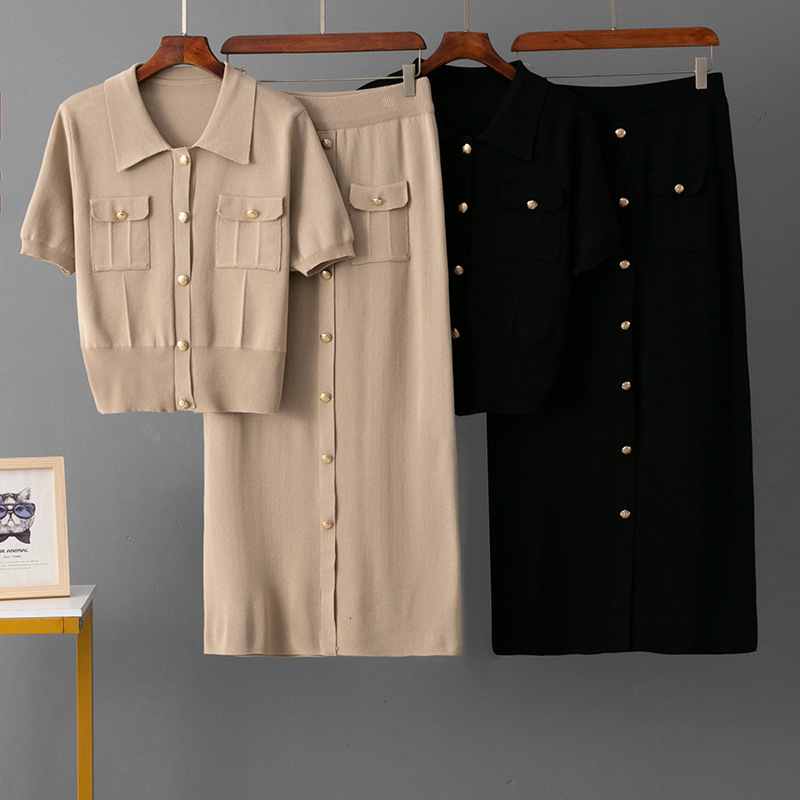 2026 New Designer Luxury Brand Fashion Breathable Spring/summer French High End Knitted Set Fashion Collar Button+slim Fit Medium Long Skirt Two Piece
