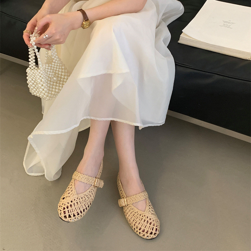 2026 Summer New Flat Mesh Ballet Flats Shallow Buckle Hollow Mary Jane Shoes Soft Woven Sandals ddmysaturn