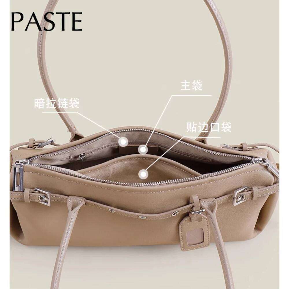 Arrival High Quality Cow Leather Horizontal Bowling Tote Women Niche Design Fashion All-match Casual Khaki Long Handle Large Capacity Daily Shoulder H