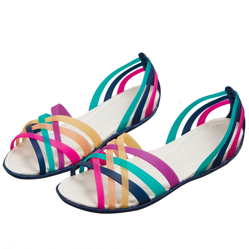 Summer New Flat Hole Shoes Female Beach Jelly Students Simple Rainbow Plastic Sandals ddmymonkey