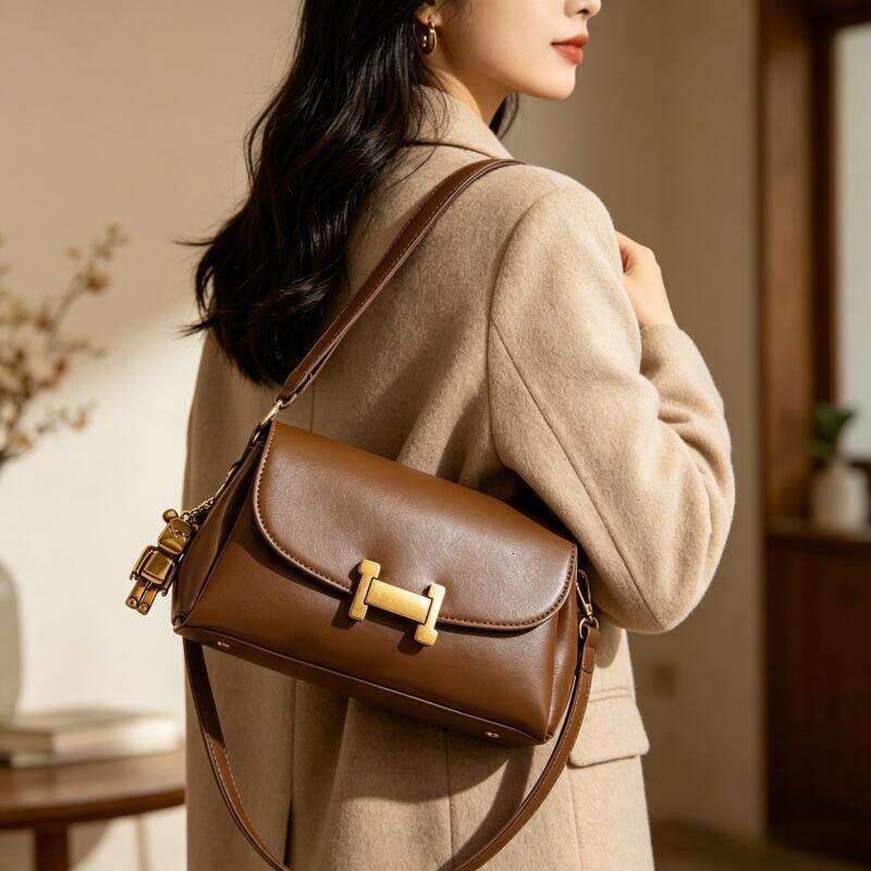 Retro brown H-button women's crossbody bag, fashionable shoulder bag with bear pendant, soft leather casual handbag, suitable for daily commuting