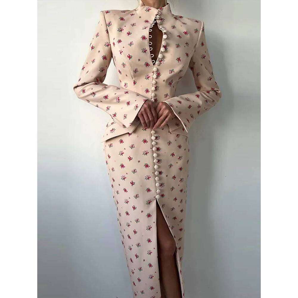 Elegant Women s Floral Print Blazer Dress Single Breasted Slit Maxi Dresses Bodycon Party Evening Formal Gown New Outfit MAKOUFEI