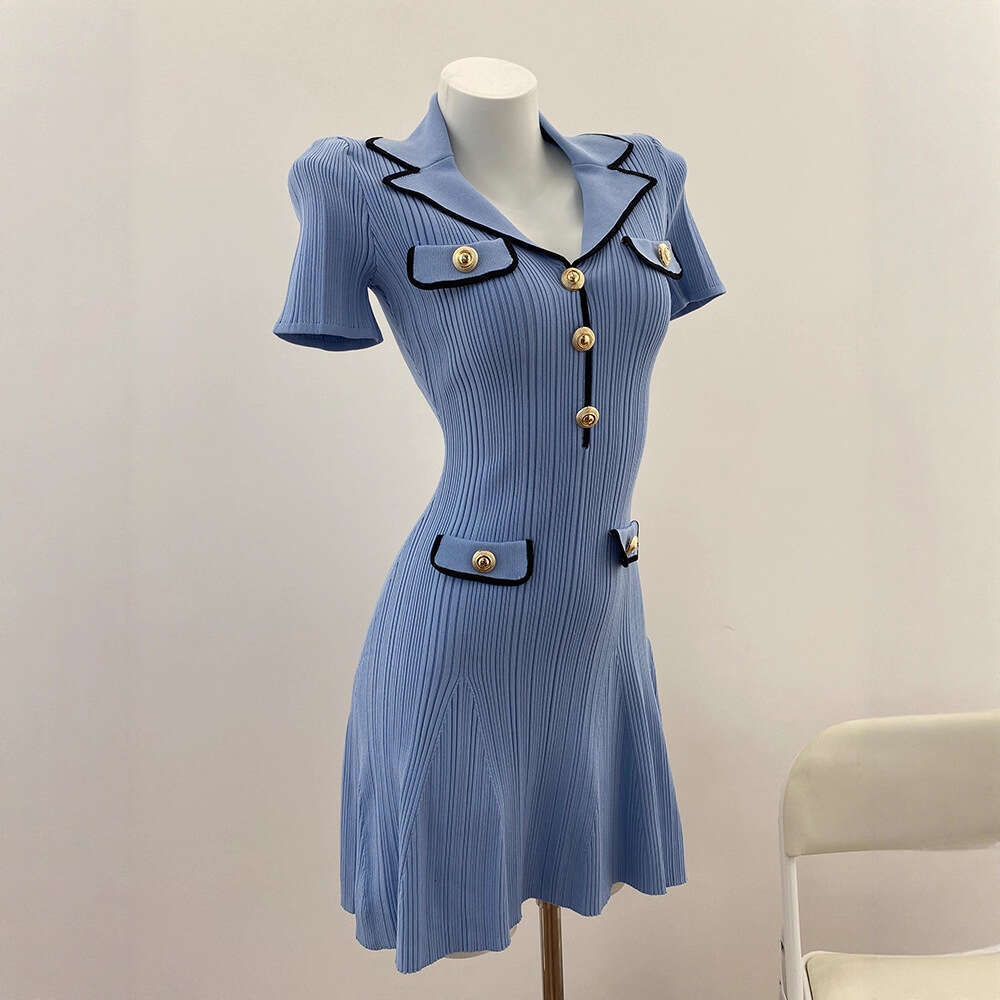 2026 Spring Designer k30 Exquisite Misty Blue Commuting Elegant Slimming Long Sleeve Knitted Ice Silk Dress
