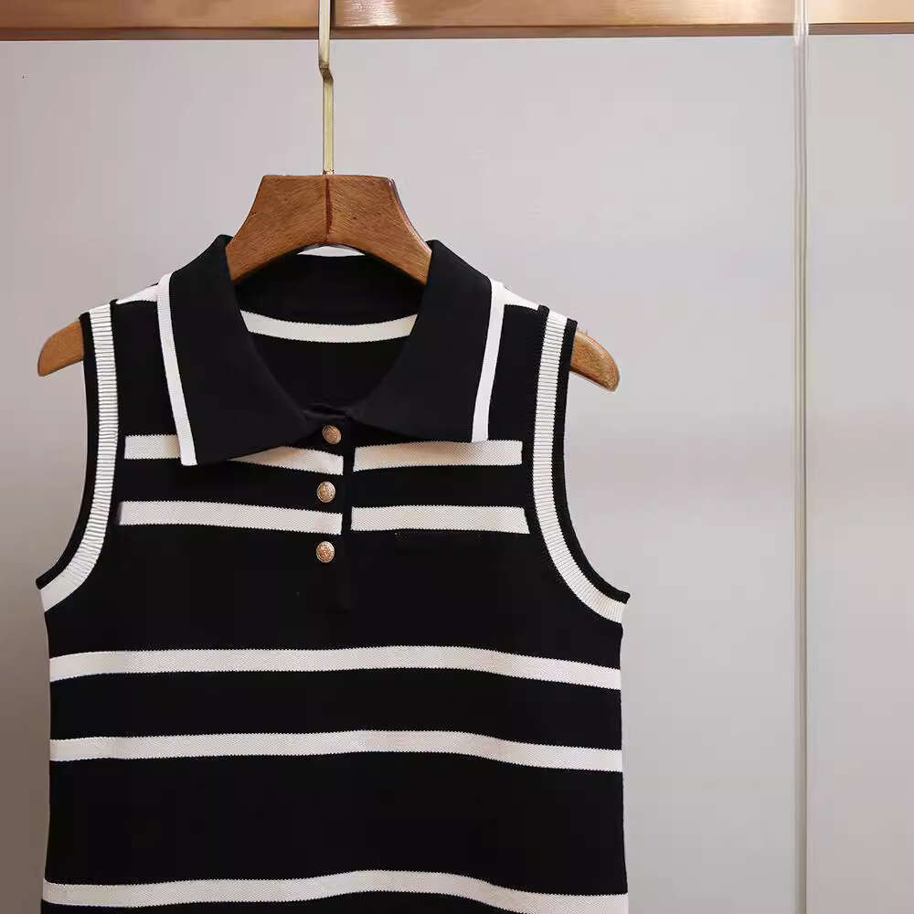 2026 designer high-end women's simple lapel sleeveless striped knitted k30 petite height FC increasing dress