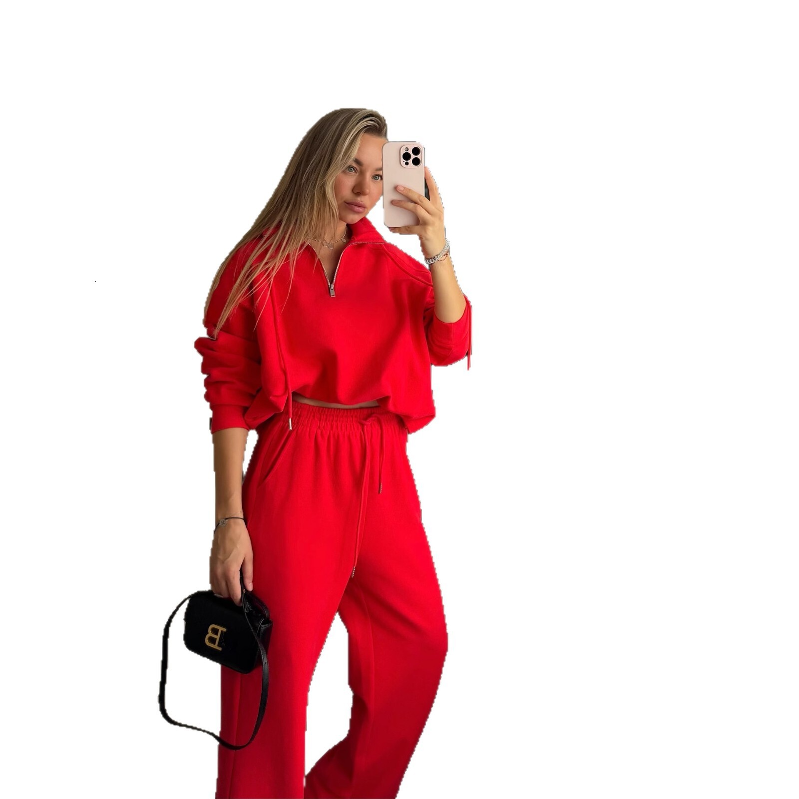 2026 New Luxury Brand Retro Fashion Women's Set Winter Designer Luxury Brand Loose Solid Color Polo Neck Sweatshirt And Wide Leg Pants Two Piece 