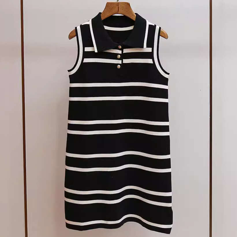 2026 designer high-end women's simple lapel sleeveless striped knitted k30 petite height FC increasing dress